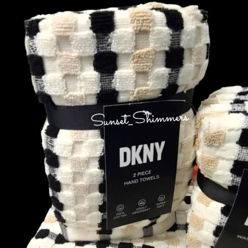 DKNY 8Pc 2 Bath 2 Hand 4 Washcloth TAN BLACK WHITE Gingham Check Towel Set NEW